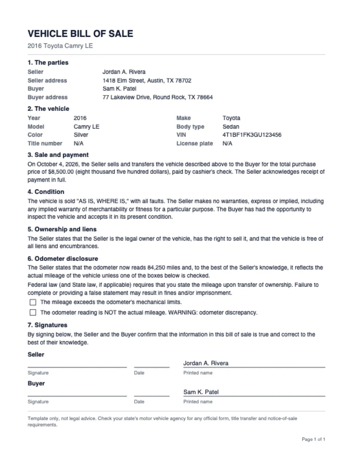 Example of a completed vehicle bill of sale template showing seller, buyer, VIN, price, as-is clause, odometer disclosure and signature lines